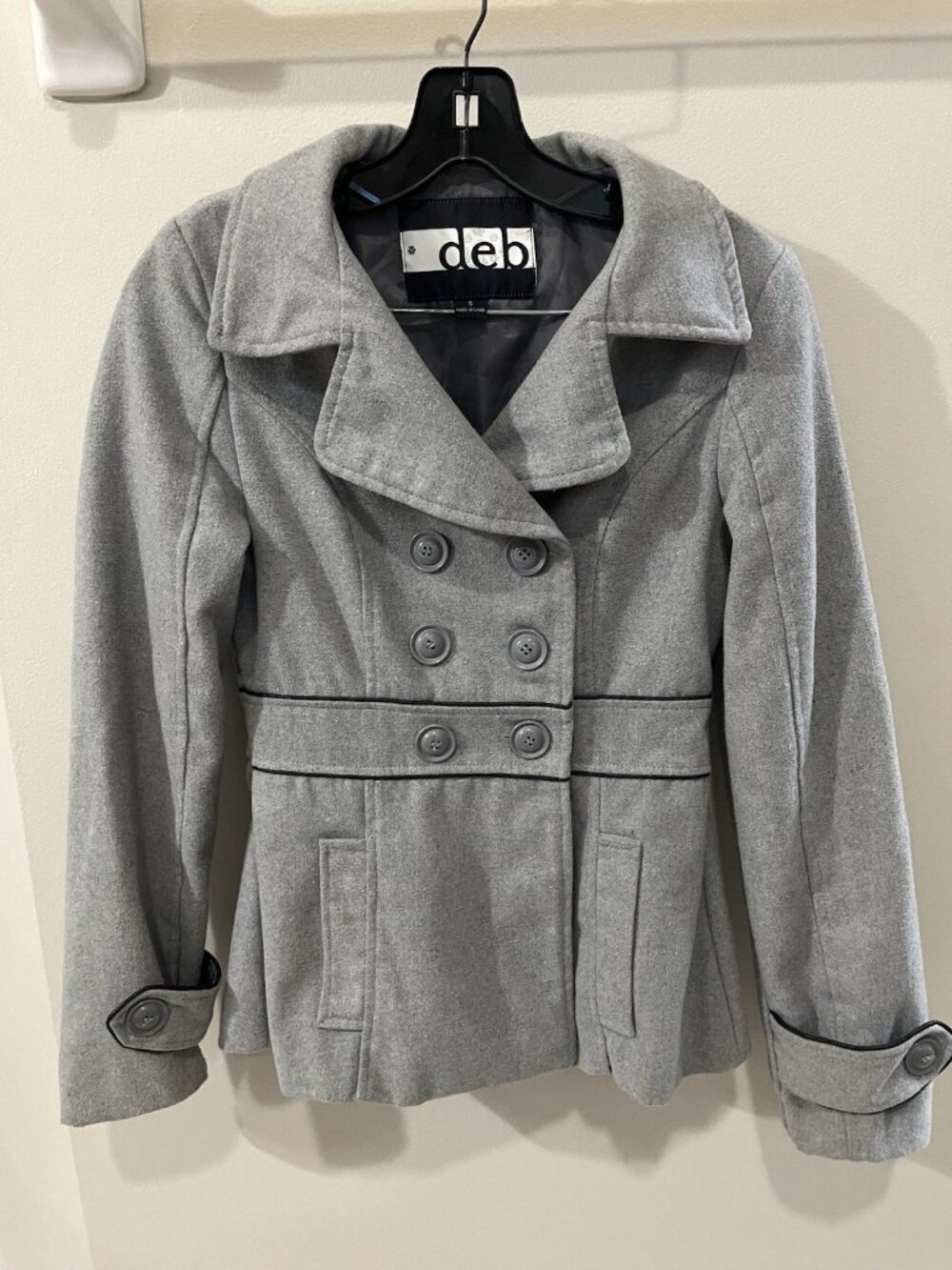 Deb Peacoat Women' Small Gray Jacket Collared Double Breast Lined Pockets